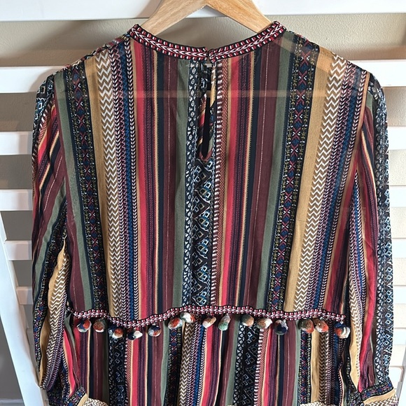 Zara Multicolor Pom Pom Trim Tiered Boho Maxi Dress Size Medium - Picture 8 of 16